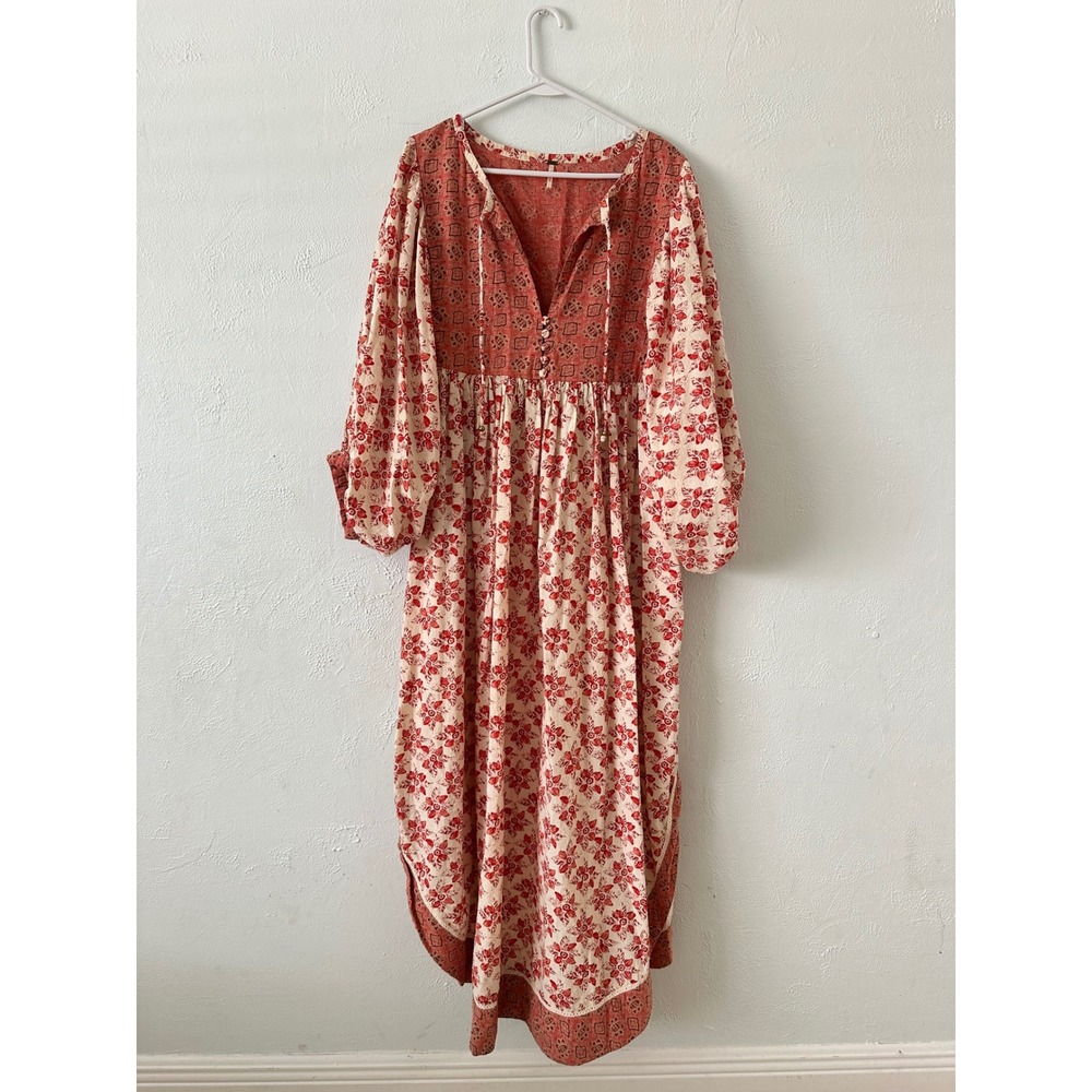 Free People Rare Feelings Maxi Dress Red Floral Boho Balloon Sleeve Size L - Picture 2 of 7